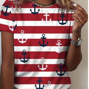 NEW!! Various Sizes Casual Crewneck Anchor & Stripe Print Short Sleeve T-Shirt